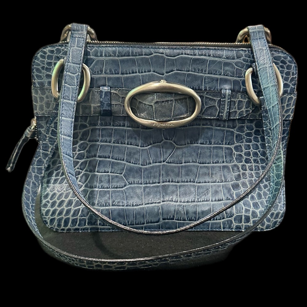 Tosca Blu Italy Blue Crocodile Embossed Leather Triple Compartment Shoulder Bag